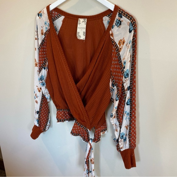 Blu Pepper Fall Boho Faux Wrap Top Orange Floral Womens Small Tie Waist V Neck - Picture 2 of 6